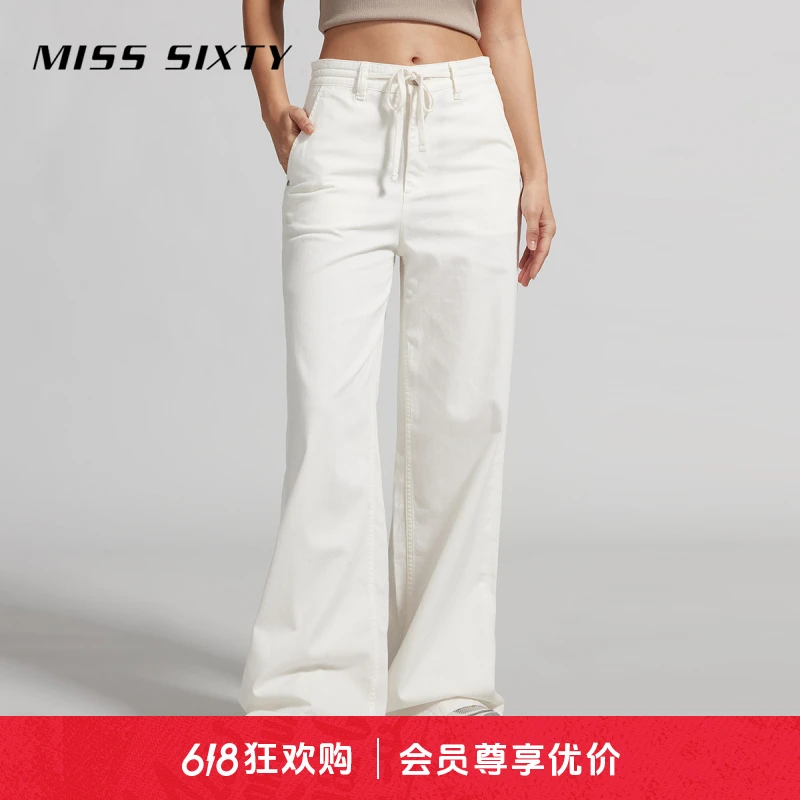 Miss Sixty春季新款牛仔裤女奶白色抽绳松紧腰阔腿裤高街休闲