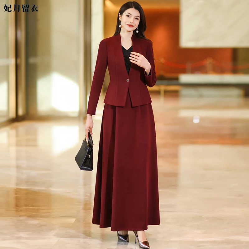 安可拉红假两件连衣裙裙子秋冬款2025新款高级感气质显瘦高贵长裙