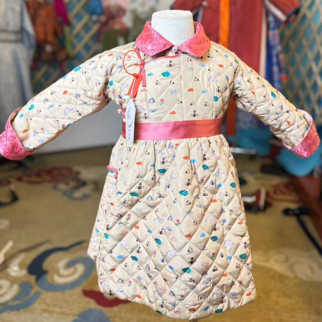 民族风儿童棉袍软萌碎花夹棉长袍 粉边盘扣国风童装