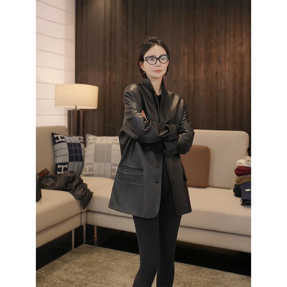 SHIIEELL新款羊皮革气质轻奢皮衣黑色高级外套女款正肩上衣ZY710