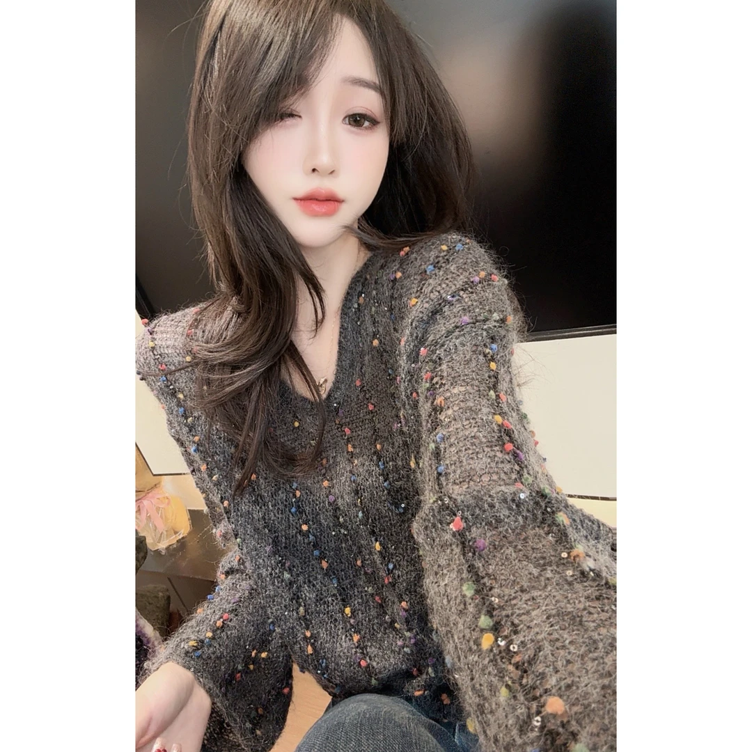 【陈陈私服】洋气设计感彩波点长袖针织衫气质高级v领毛衣25091616