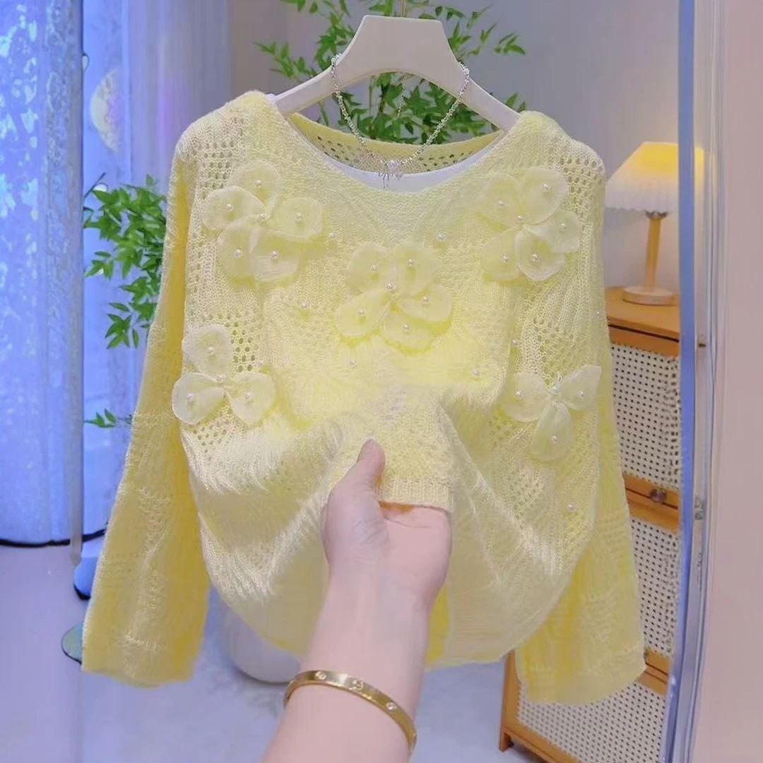 春秋花朵钉珠镂空针织衫女2025新款百搭圆领毛衣女长袖毛衣罩衫