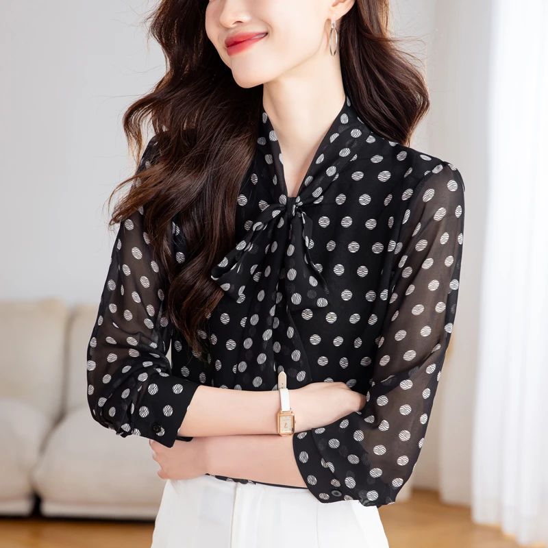 2025春季新品优雅复古港式时尚波点百搭系带雪纺长袖上衣衬衫441
