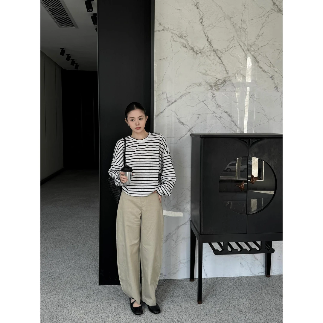 早秋时尚新款通勤慵懒风显瘦条纹上衣韩系ins衣服女休闲百搭裤子