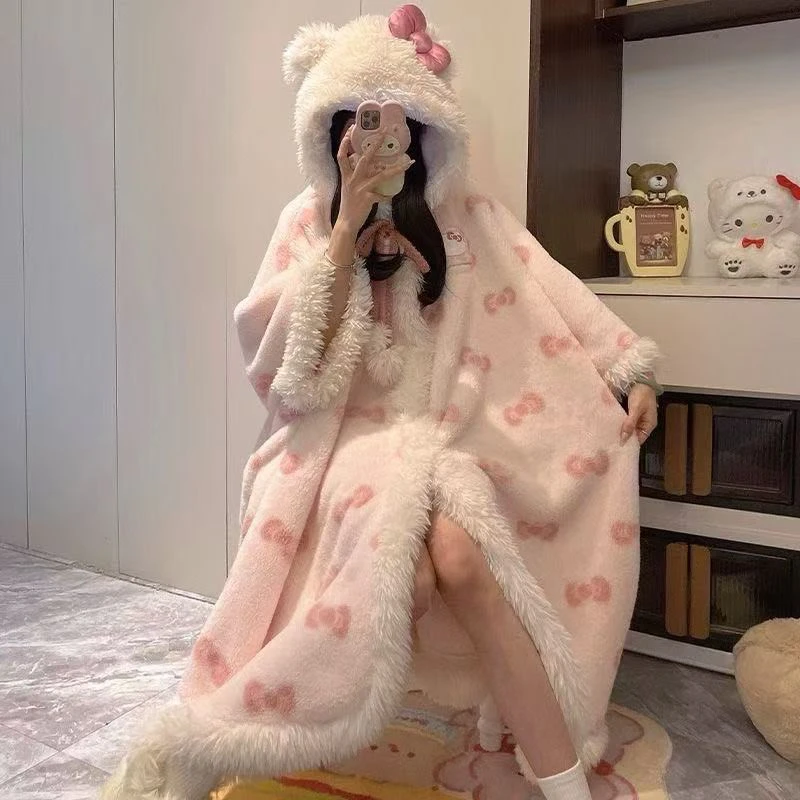 可爱蝴蝶结珊瑚绒连帽睡袍冬季加厚保暖斗篷式家居服带裤子