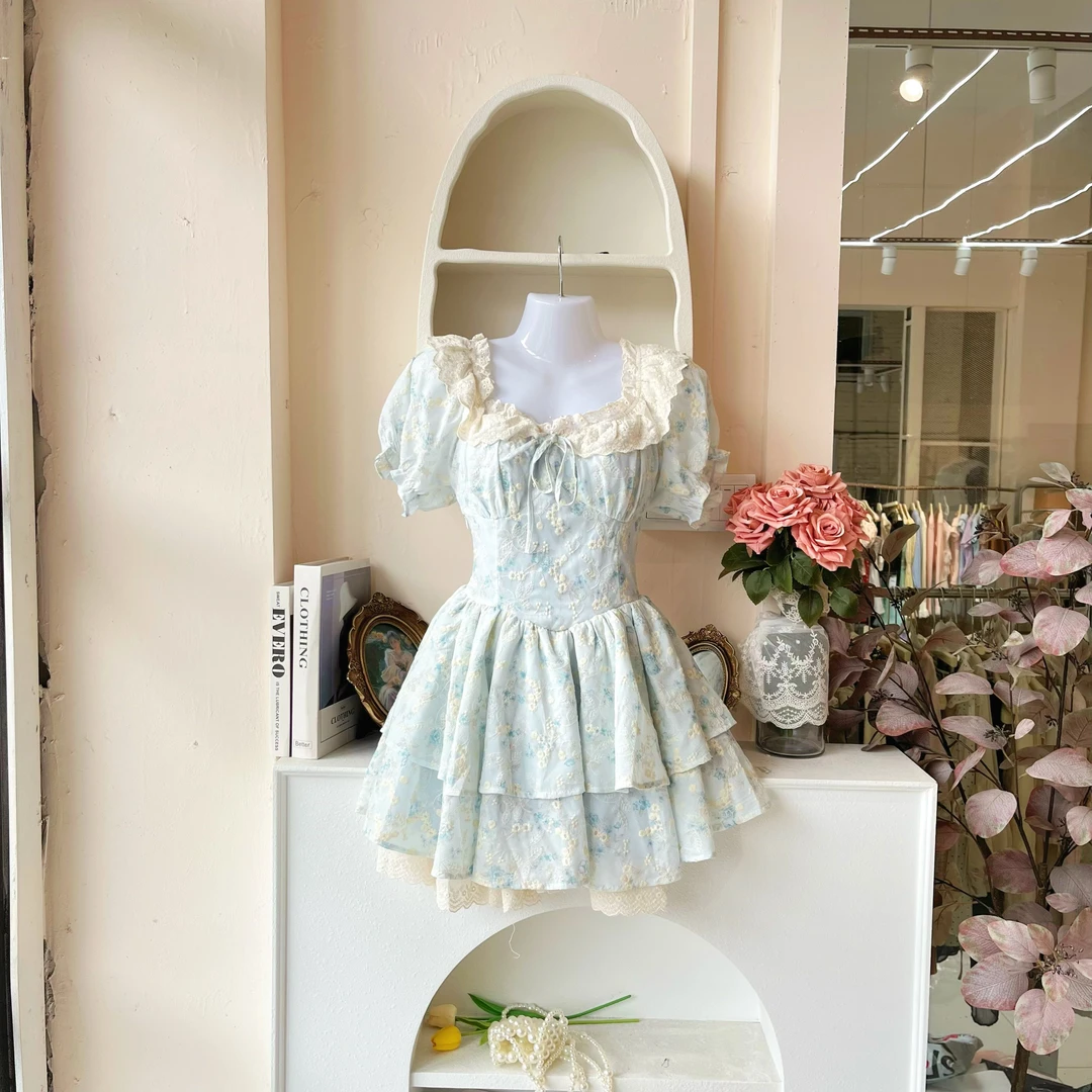 LHTE青青大码衣橱 夏季重工蕾丝法式碎花连衣裙甜美系L2574蓝色