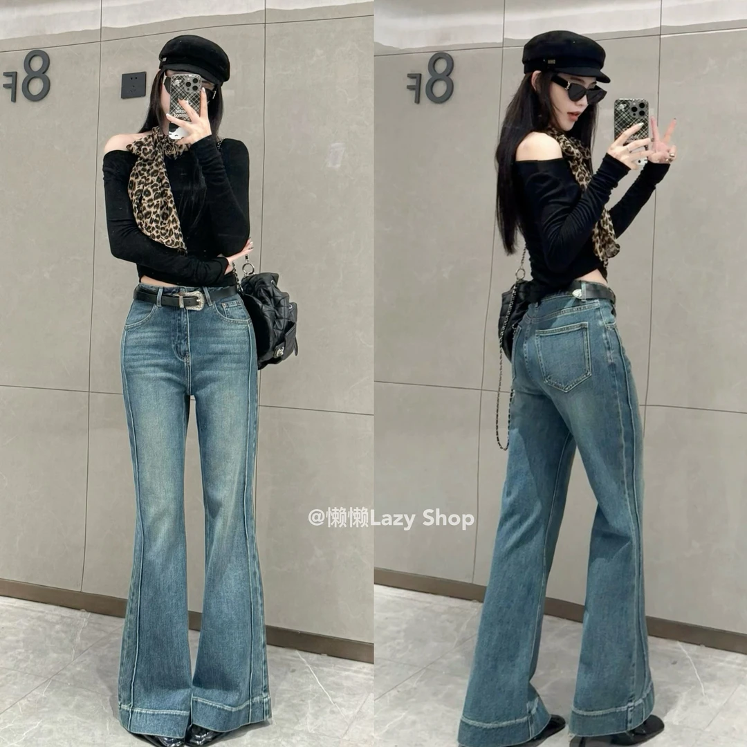 中腰牛仔裤宽松复古女秋季开叉春季喇叭裤裤子小个子牛仔裤K80041