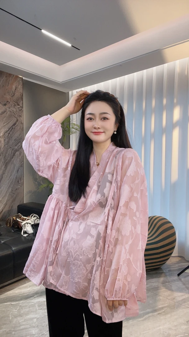 【冲姐】春季新款法式甜美V领绑带衬衫女收腰显瘦气质长袖防晒衬衣