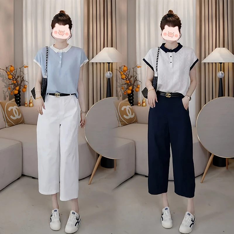 高级洋气百搭短袖新款女夏季爆款感小众遮肉上衣休闲裤两件套