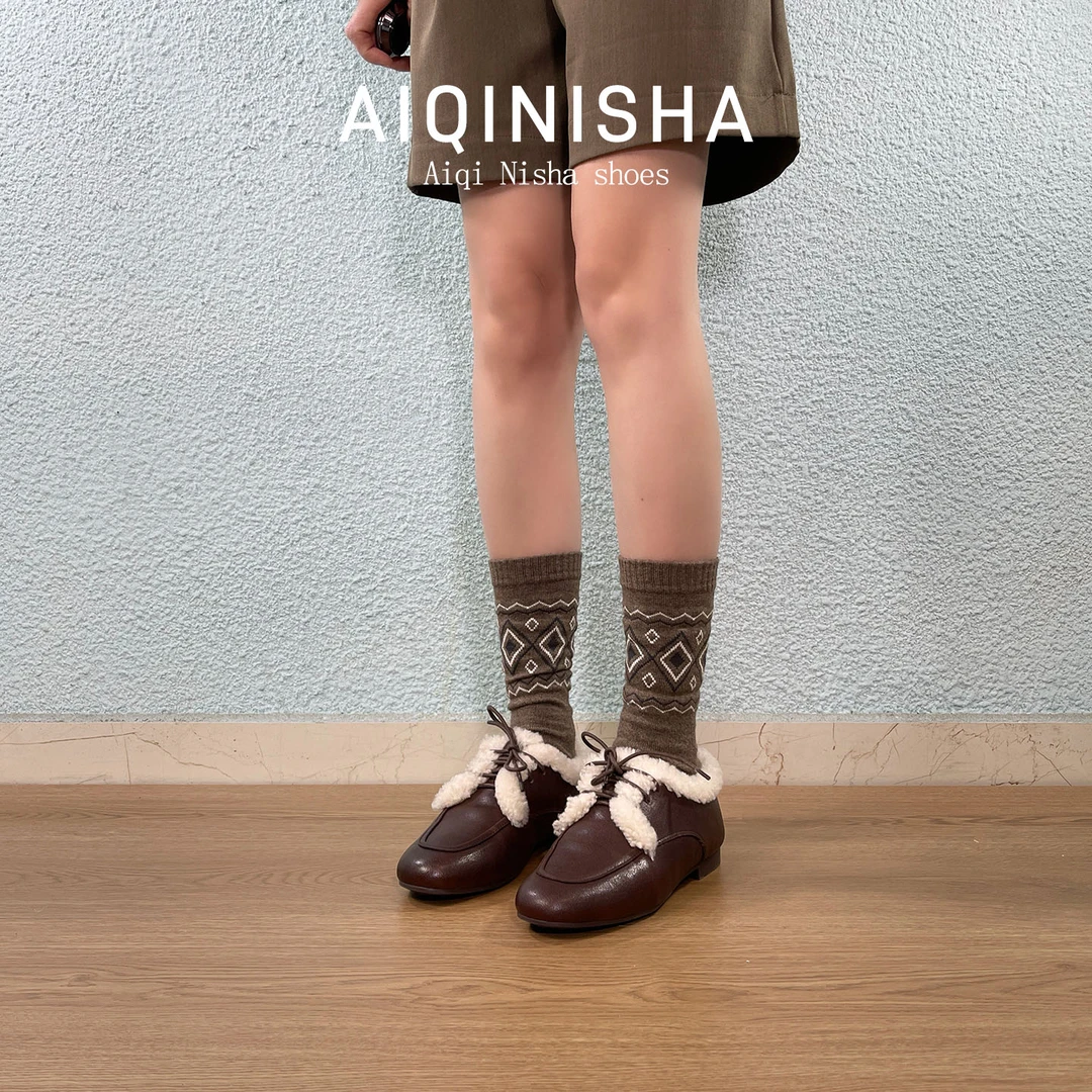 单鞋新款复古系带羊毛内里超暖超软小皮鞋时尚百搭秋冬女单鞋百搭