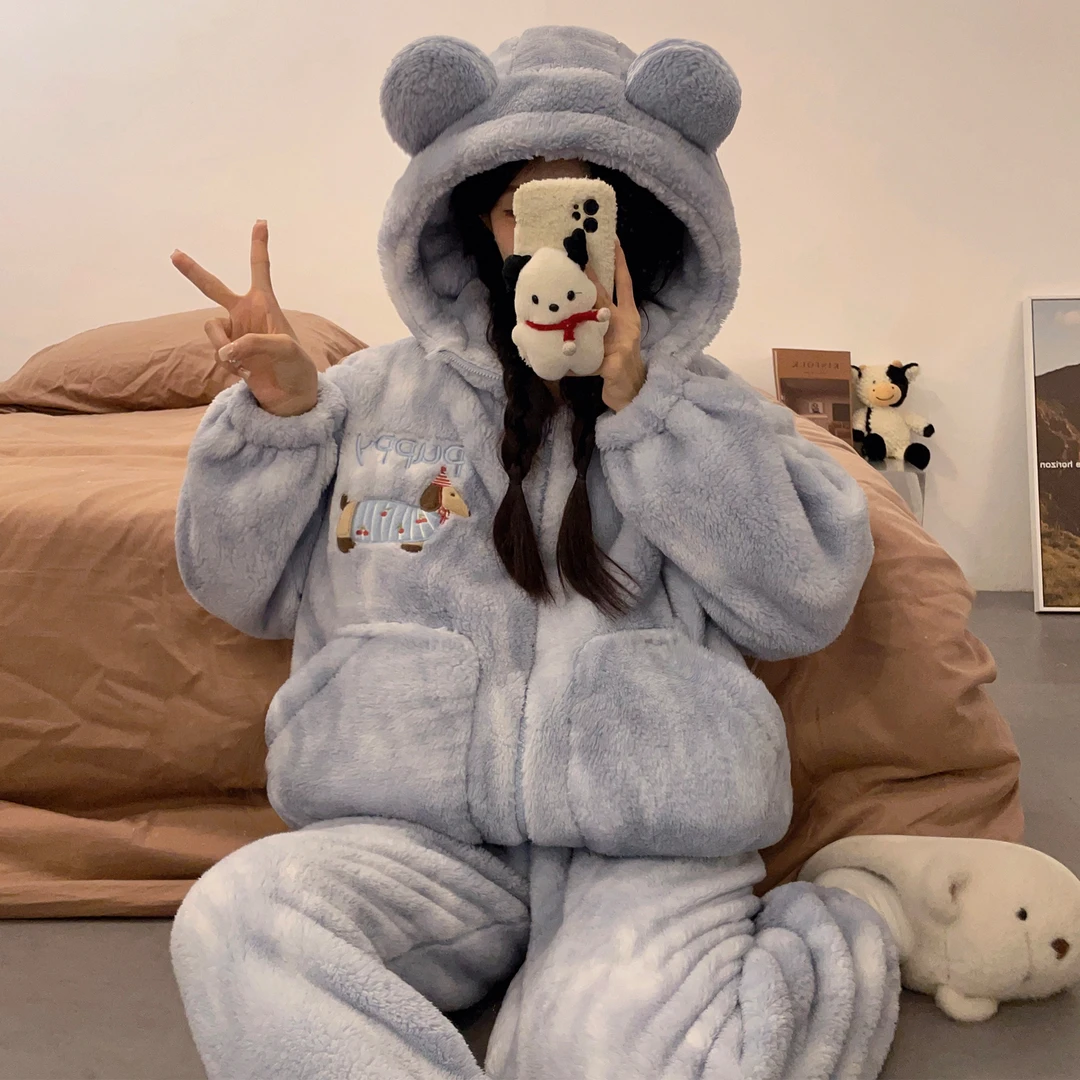 珊瑚绒睡衣女款秋冬季2025新款连帽加绒加厚学生可爱家居服套装