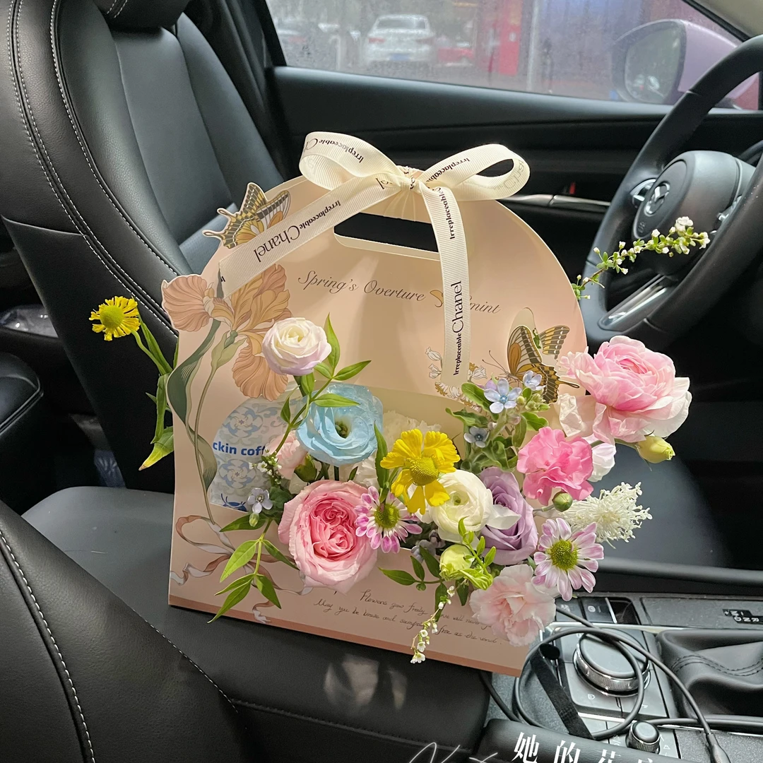 鲜花奶茶手提花篮