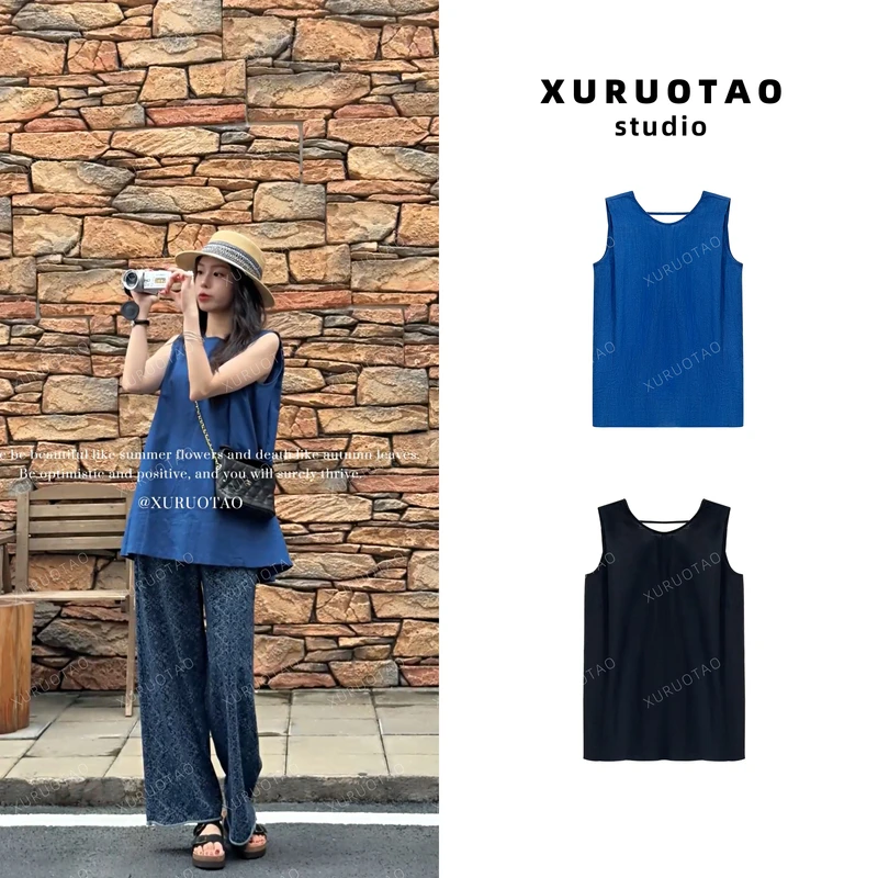 XURUOTAO【怦然心动】100亚麻纯色设计感无袖舒适上衣