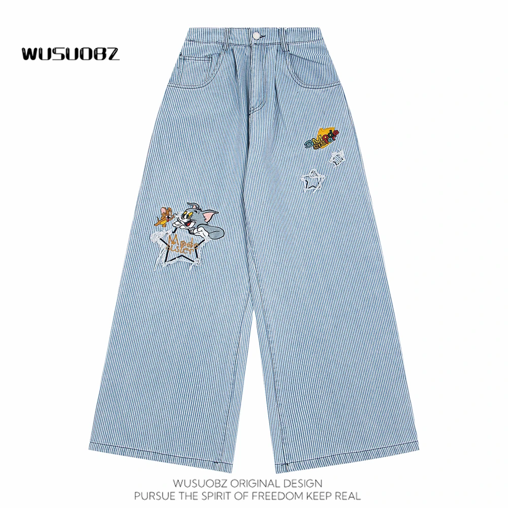WUSUOBZ美式复古卡通刺绣条纹牛仔裤男女潮牌宽松直筒阔腿长裤ins