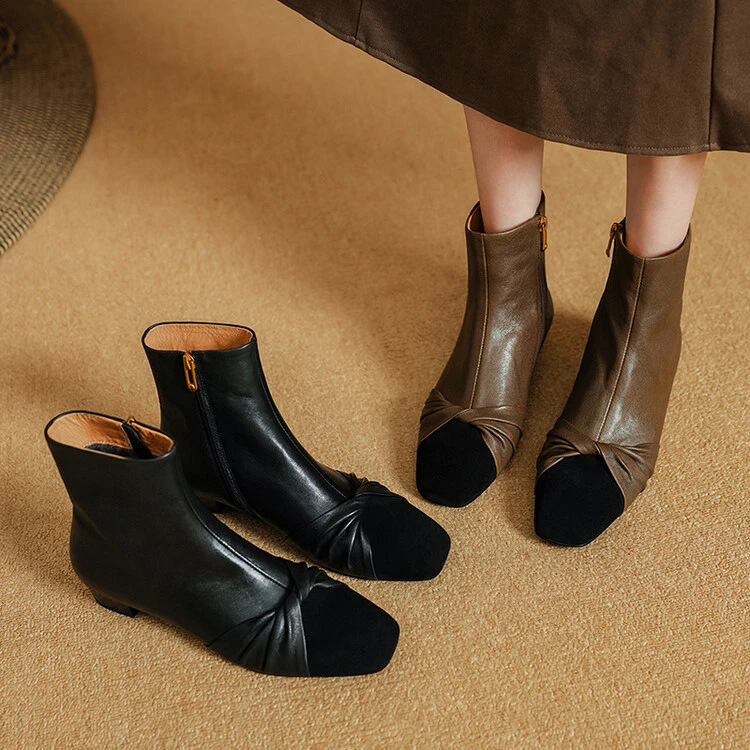 法式小香风平底短靴女舒适低跟拼色秋冬时尚方头真皮通勤瘦瘦靴子