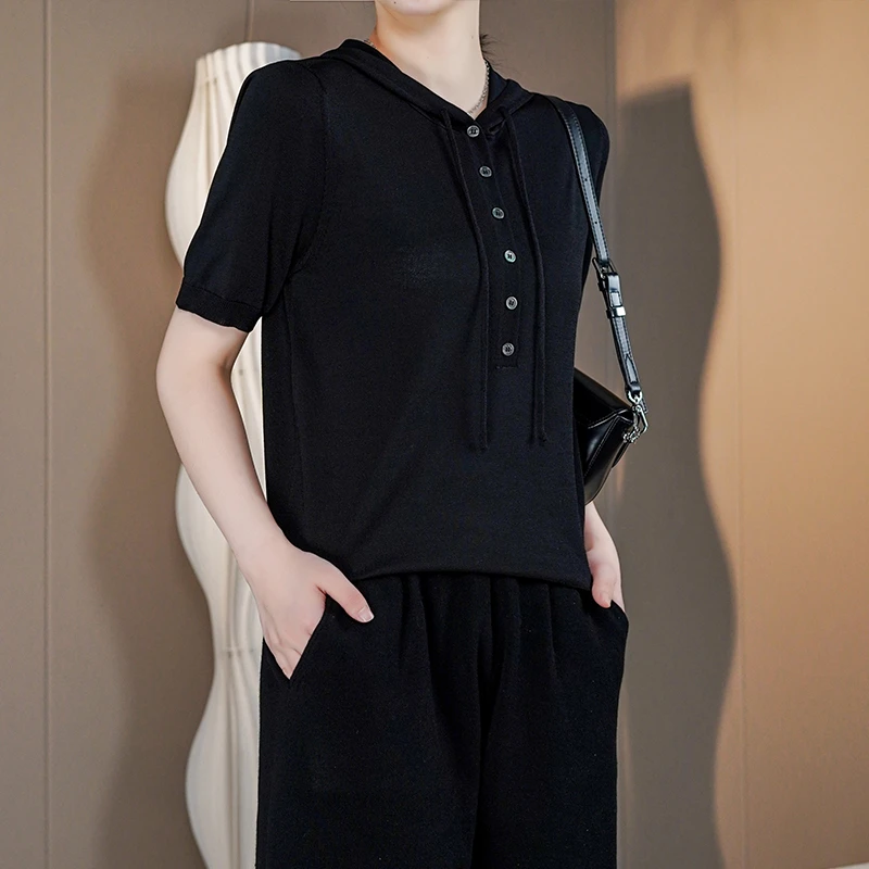 【老潘】夏季桑蚕丝显瘦纽扣款连帽短袖上衣9137