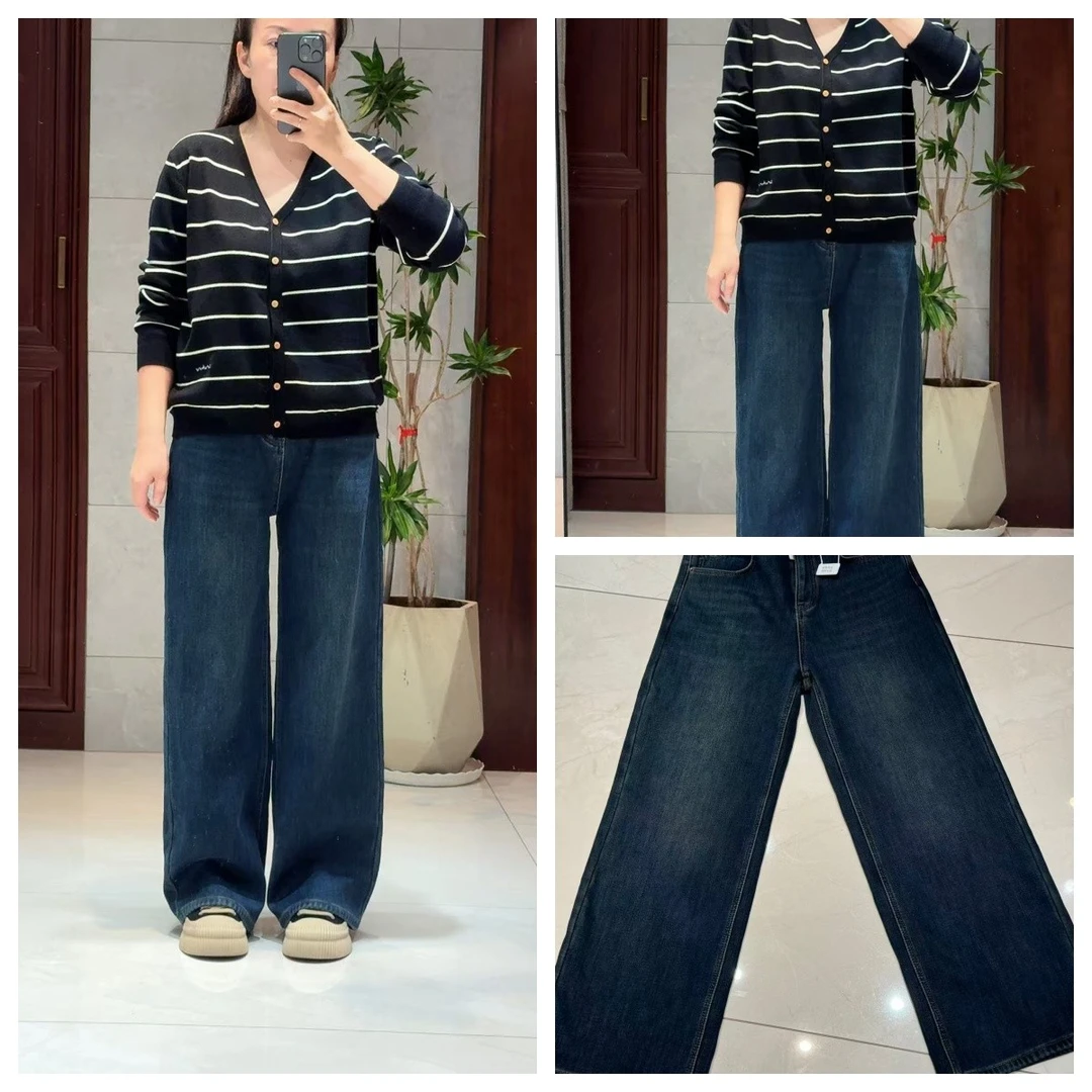 秋冬高腰加绒加厚直筒裤牛仔裤宽松阔腿长裤