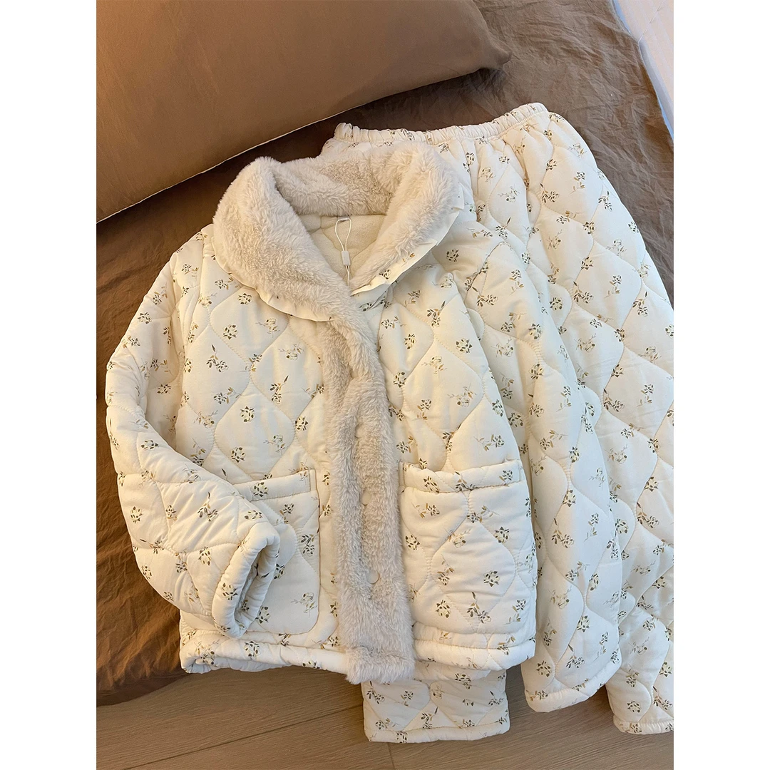 韩系甜美少女碎花夹棉睡衣女冬季新款毛绒软糯保暖休闲家居套装