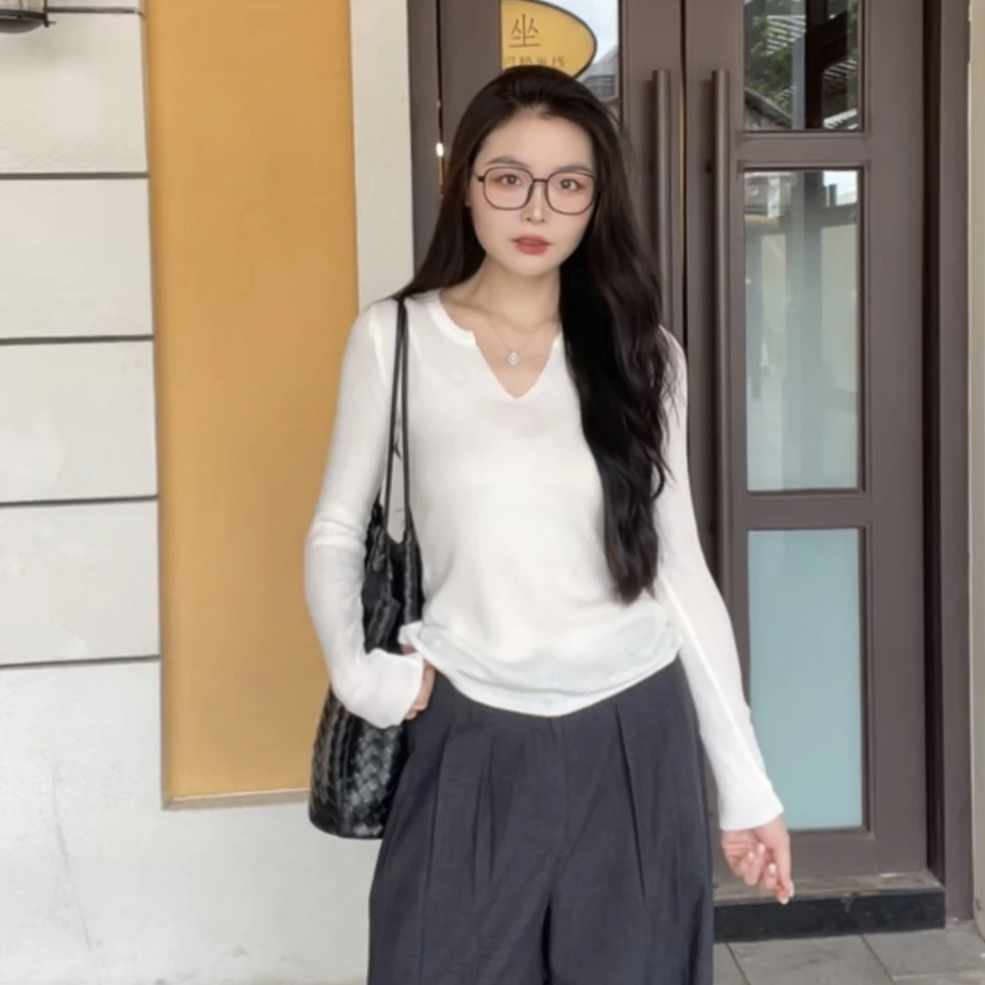 【羽奢时尚】针织V领长袖内搭百搭时尚上衣女605