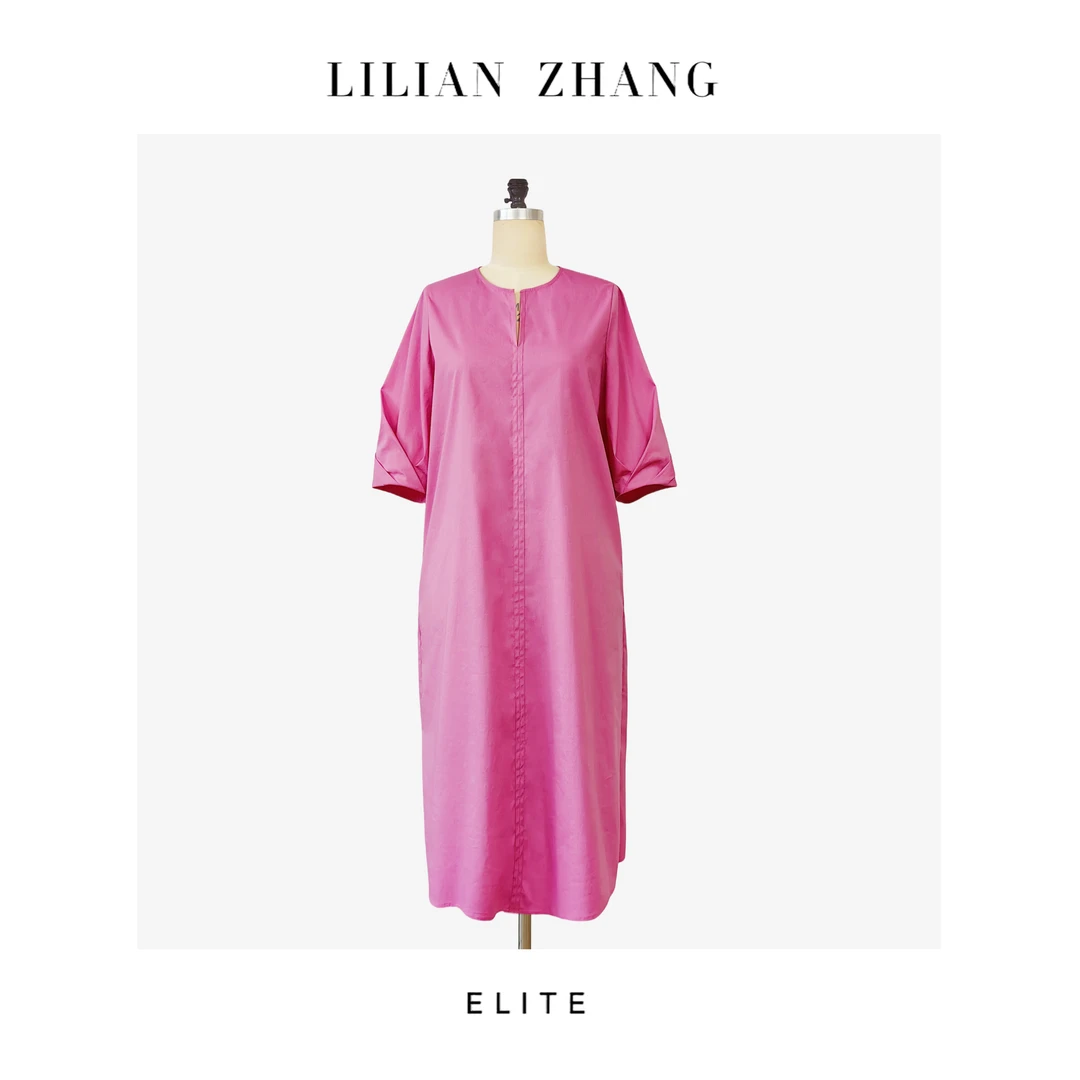 定制-静奢风粉韵花苞袖玫丽长款系带显瘦圆领棉质连衣裙 2501052