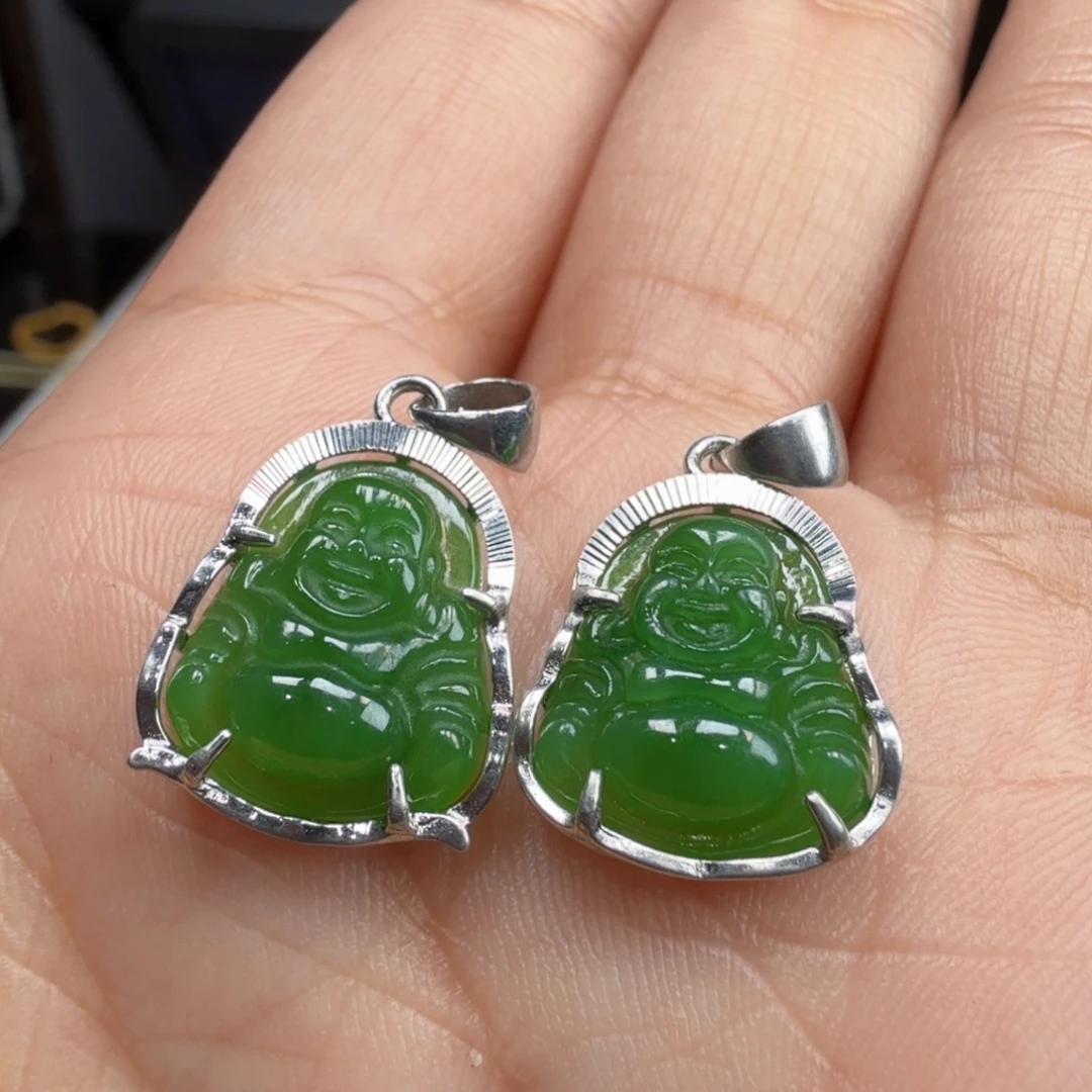 和田玉（糖玉）银S925镶嵌颈饰银镶和田碧玉佛公福利品