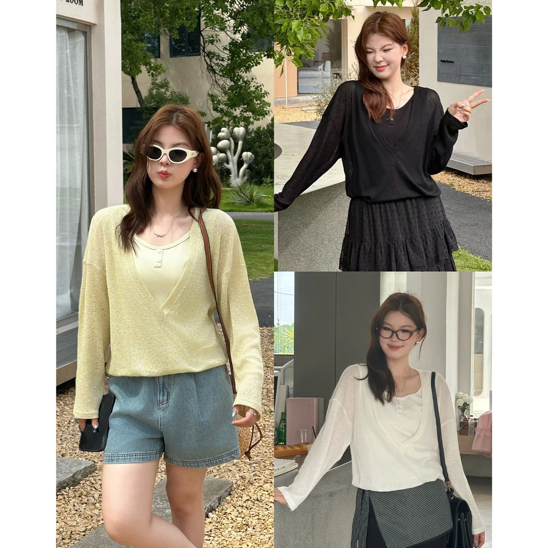 裂渡宣宣【温柔来信】微胖大码女夏百搭显瘦假两件针织小衫ZY505V20