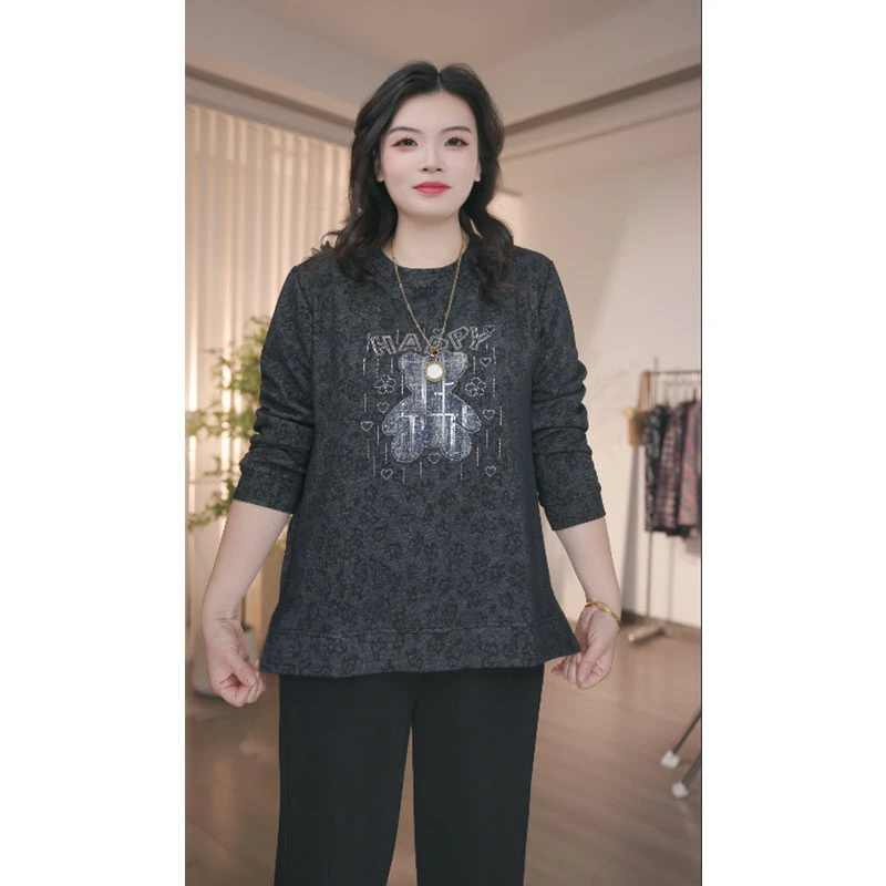大码女装圆领春秋中长款长袖卫衣秋季宽松卫衣显瘦上衣T恤