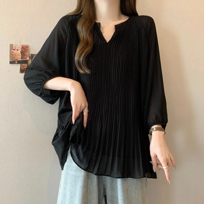大码V领褶皱七分袖雪纺衬衫女春夏胖MM宽松显瘦百搭洋气防晒上衣