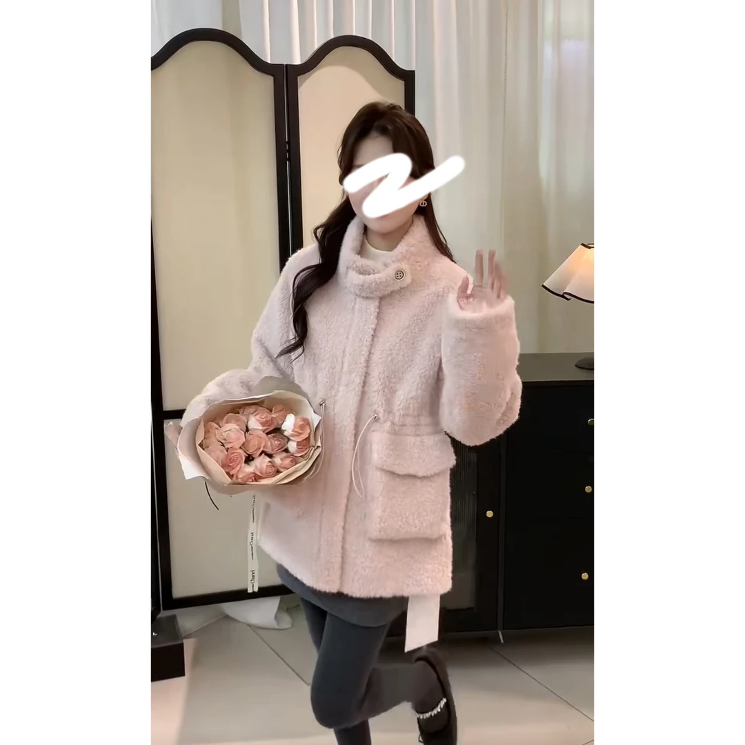 L106695-时尚立领大口袋毛毛外套女秋冬宽松收腰保暖减龄上衣