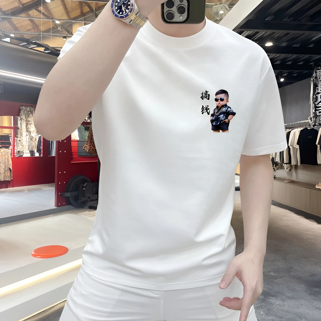 2025夏季新款时尚潮流印花男士休闲白色修身圆领纯棉短袖t恤上衣