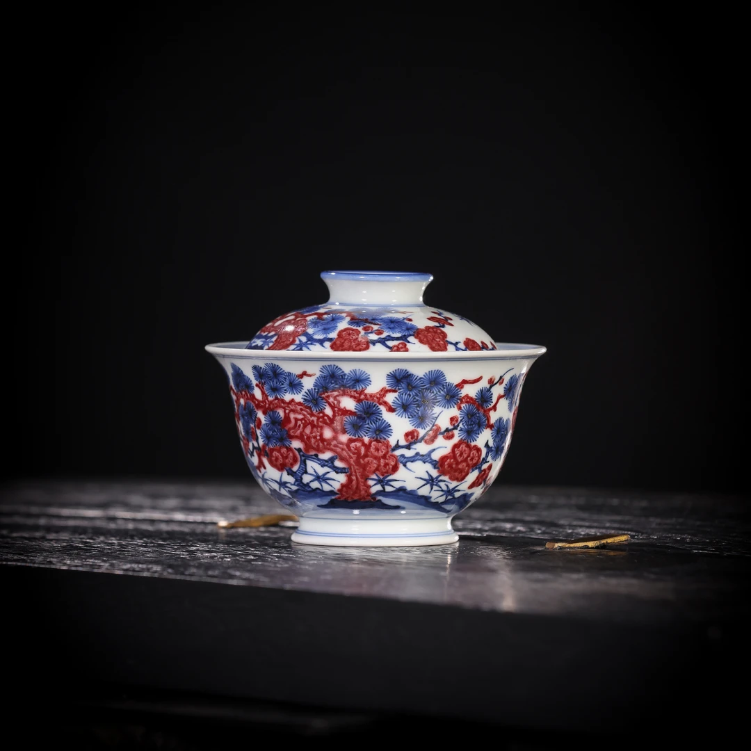 片云晚谷青花釉里红松竹梅元宝盖碗景德镇纯手工手绘复古瓷盖碗