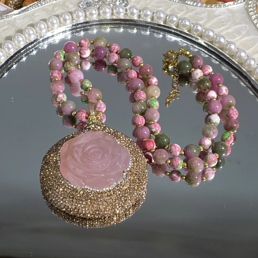 铜合金合成锆石项链 TTSD 粉色玫瑰花时尚百搭毛衣链 2574