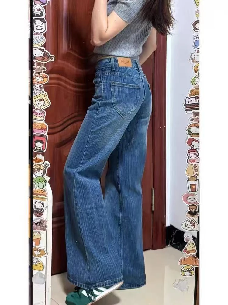 深蓝色竹节纹复古微喇牛仔裤女2025年高个子不贴腿低腰宽松喇叭裤