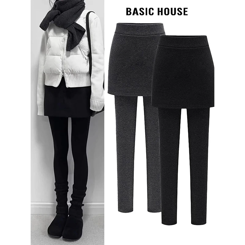Basic House/百家好假两件保暖加绒裤裙女秋冬高腰包臀打底裤短裙