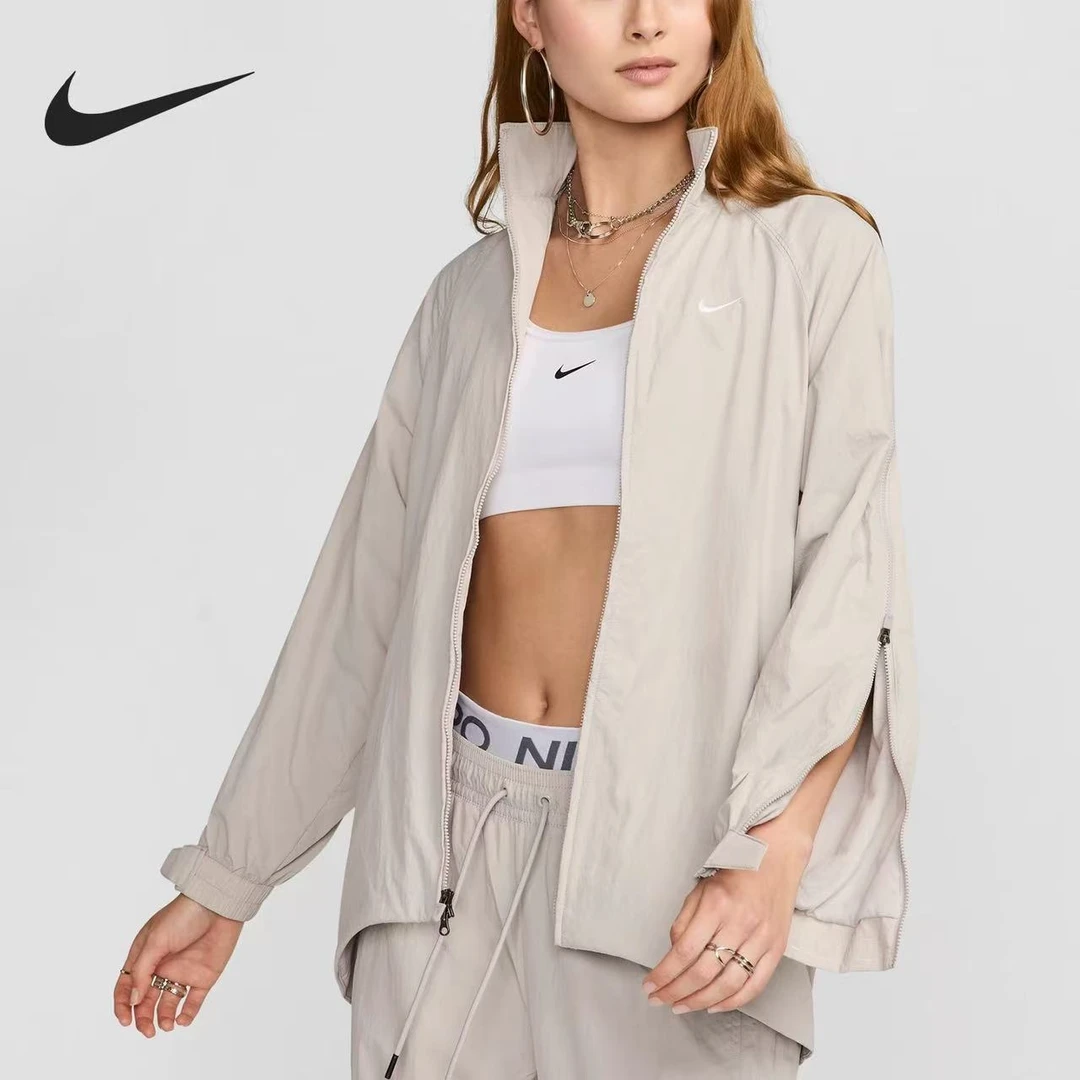 耐克NIKE女休闲宽松梭织训练拉链开袖立领夹克工装外套FV7536014