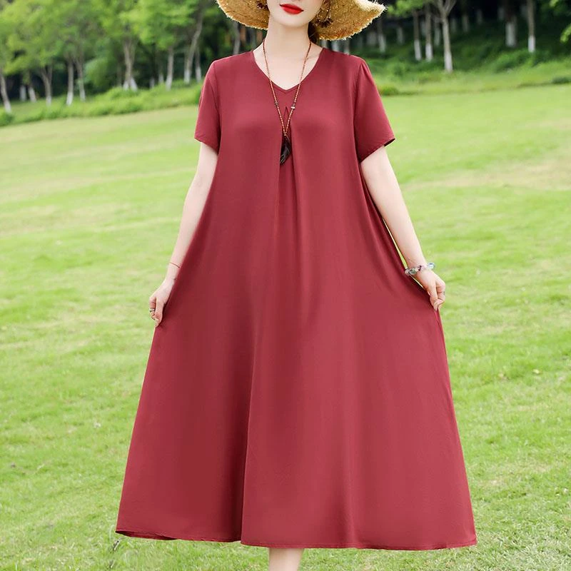 夏季新款棉绸连衣裙女宽松显瘦中老年妈妈大摆裙气质长裙沙滩裙子
