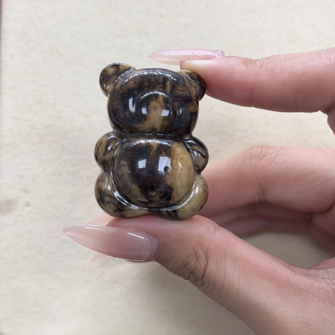 琥珀未镶嵌裸石天然琥珀根珀带花纹抱抱熊吊坠款