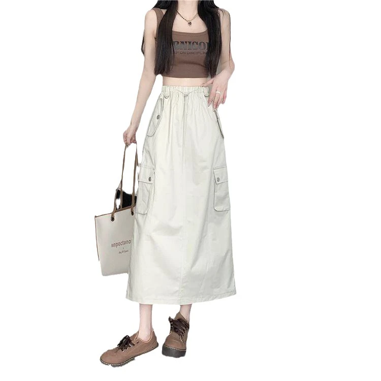 韩版显瘦新款美式复古抽绳工装半身裙开叉高腰宽松A字中长裙子女