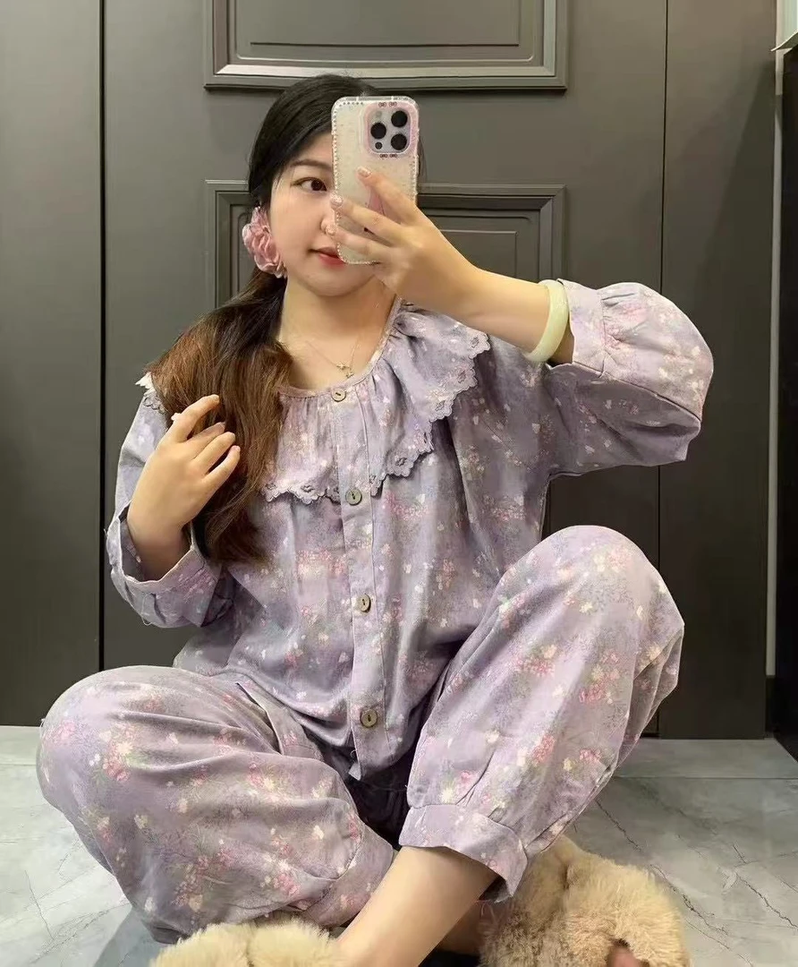 【程雅大码】法式碎花森系秋冬新款田园风印花家居服宽松遮肉套装