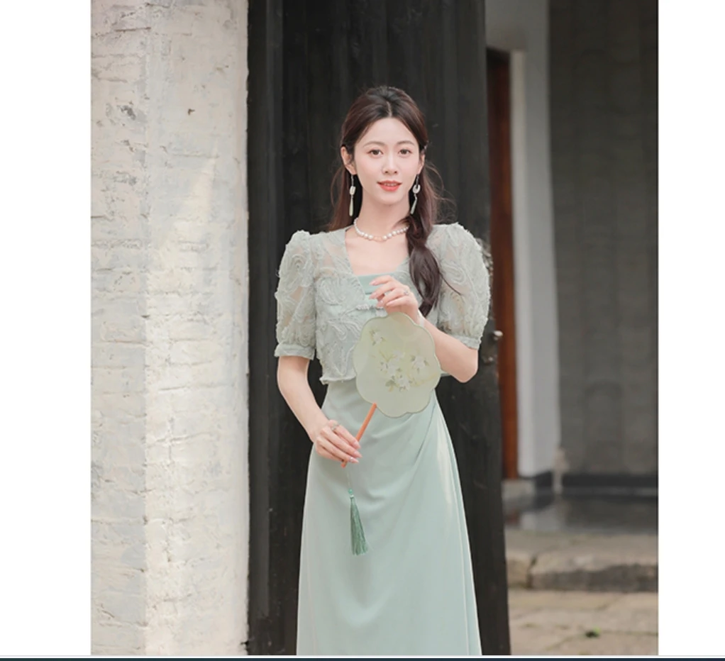 【果果家优选】刺绣复古禅意碎花新中式吊带裙连衣裙