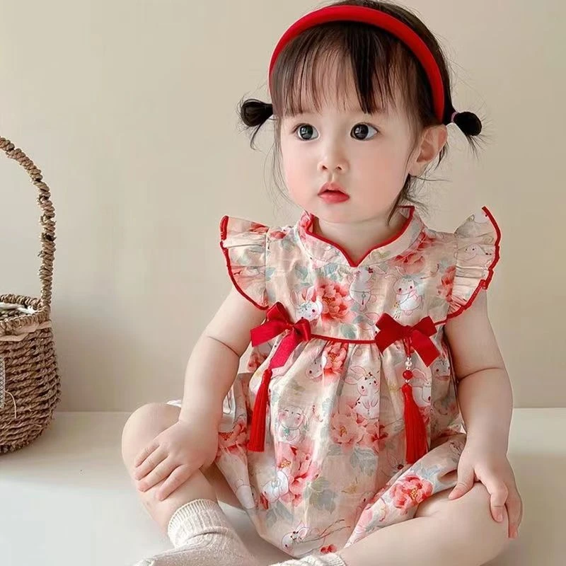 【甜蜜家】花兔童趣夏季薄款包屁衣 女宝满月百天周岁外出礼服