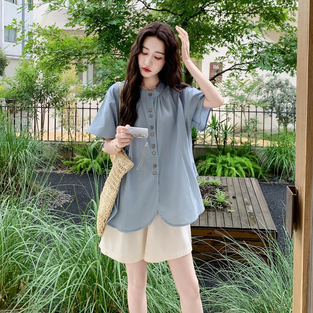 一整套ootd穿搭蓝色短袖衬衫套装女夏季松弛感减龄休闲短裤两件套