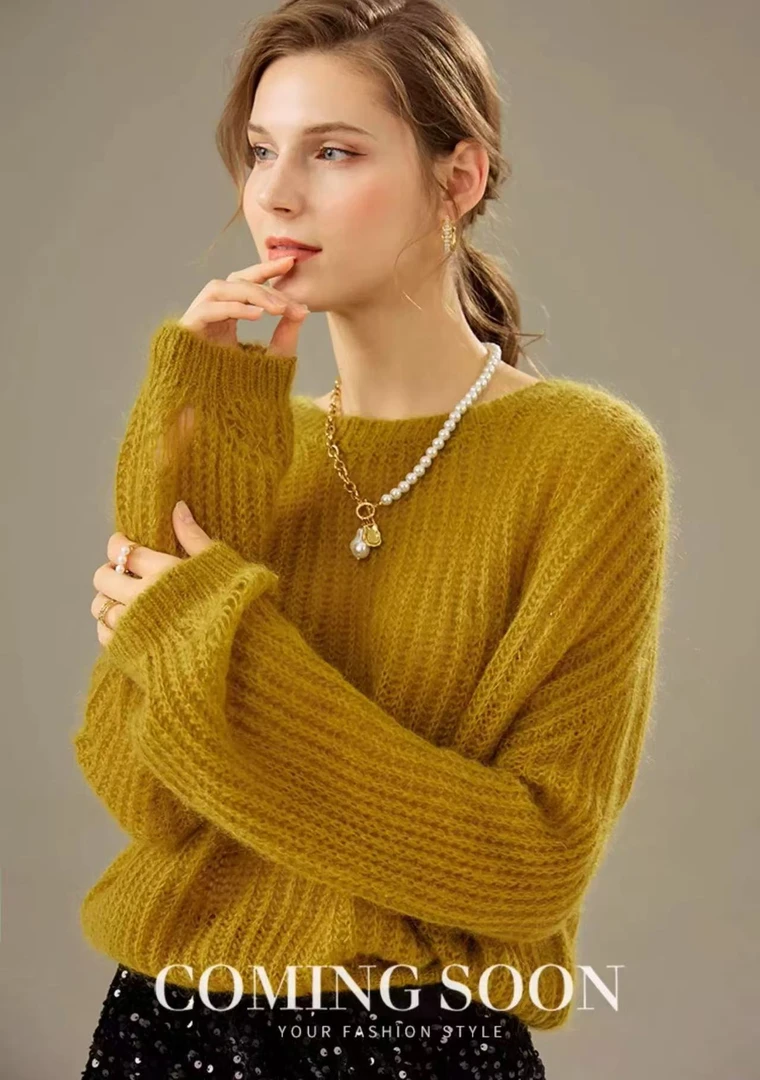 长57宽松慵懒长袖毛针织衫百搭上衣镂空设计感 8189