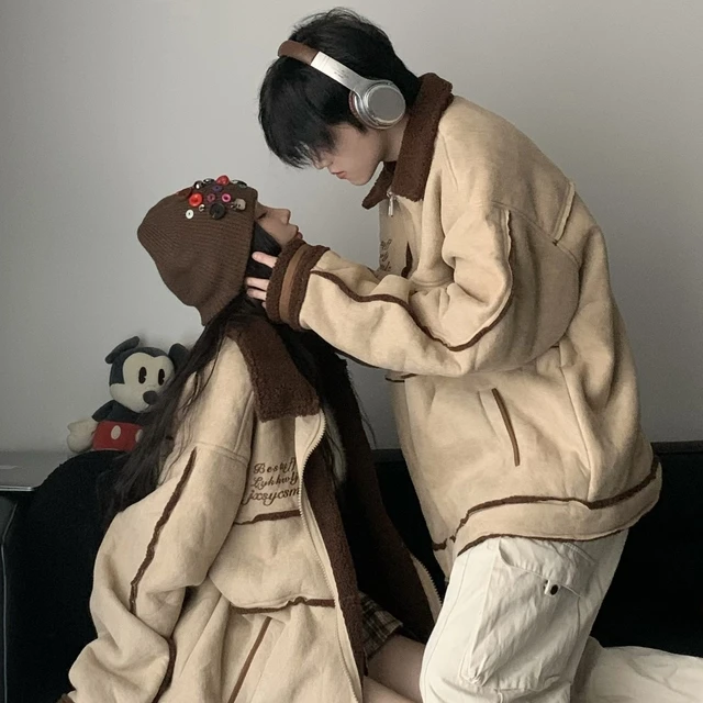 情侣装复古羊羔绒加棉外套男女冬季加厚翻领外套潮流棉衣情侣棉服