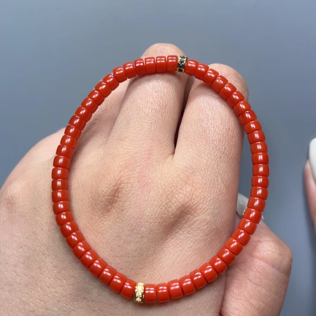 六***六南红玛瑙柿子红药片单圈18K金镶嵌