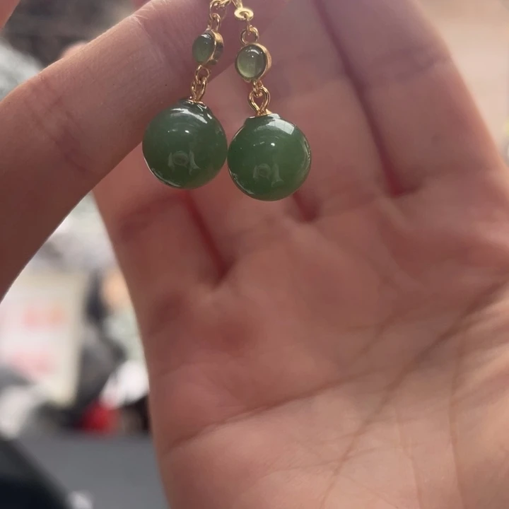 和田玉银S925镶嵌耳饰碧玉耳坠一对