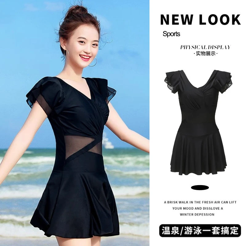 极简风遮肉显瘦连体裙新遮肚显瘦蕾丝泳衣装女游泳度假泡温泉速干