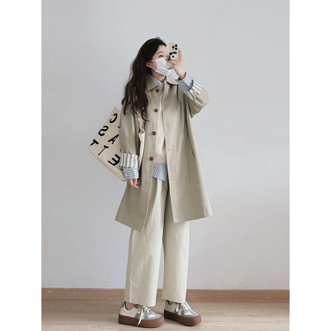 条纹内里风衣外套女2025秋季小个子韩系中长款大衣宽松休闲单排扣