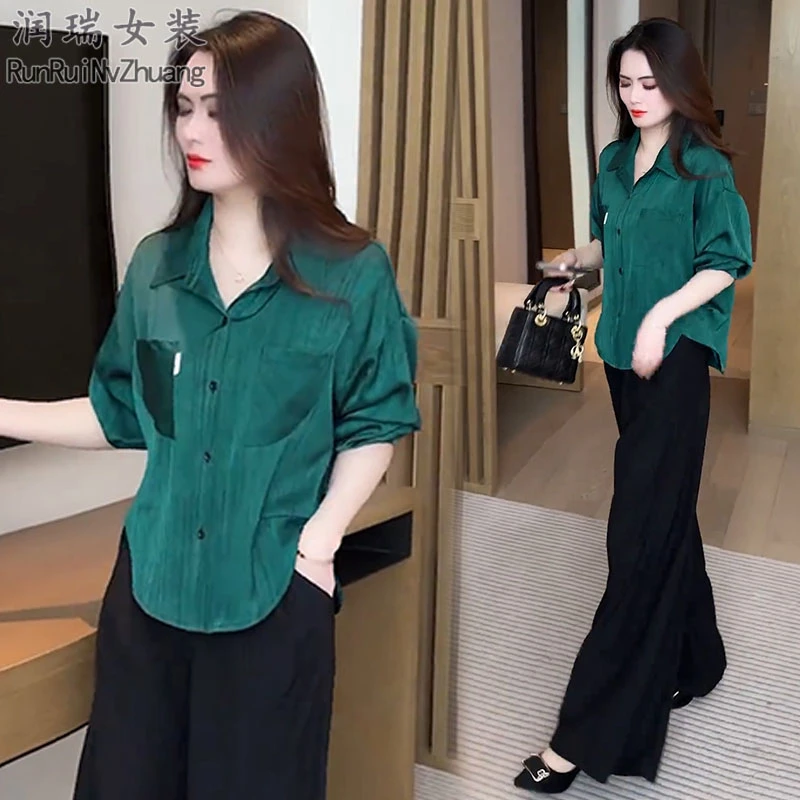 轻熟风时尚套装女2025秋季新款宽松长袖衬衫高腰阔腿裤两件套通勤