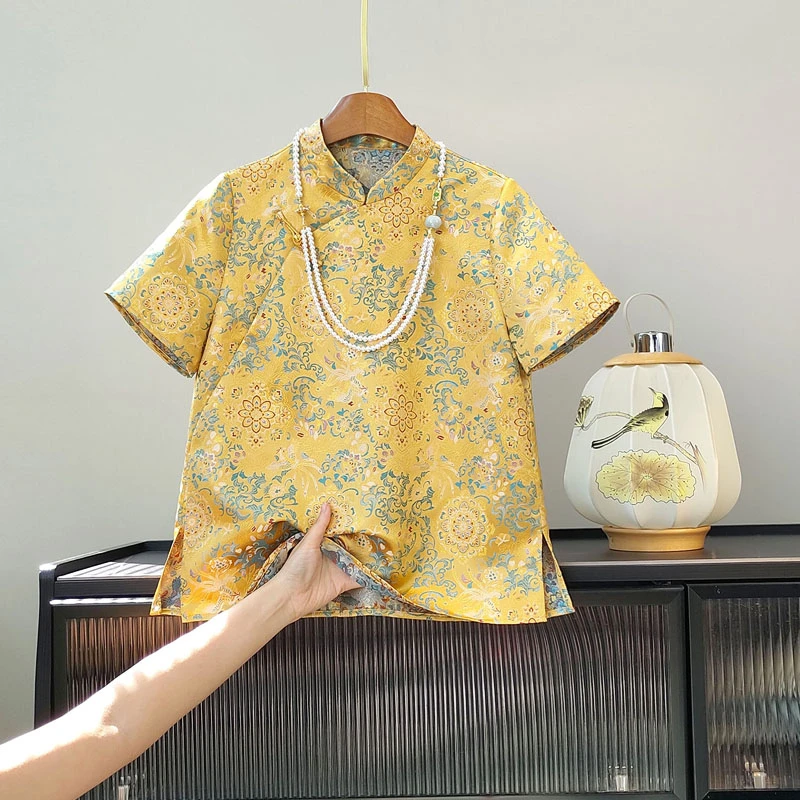 国风立领短袖新中式提花女2025夏季新款高贵典雅气质女士上衣